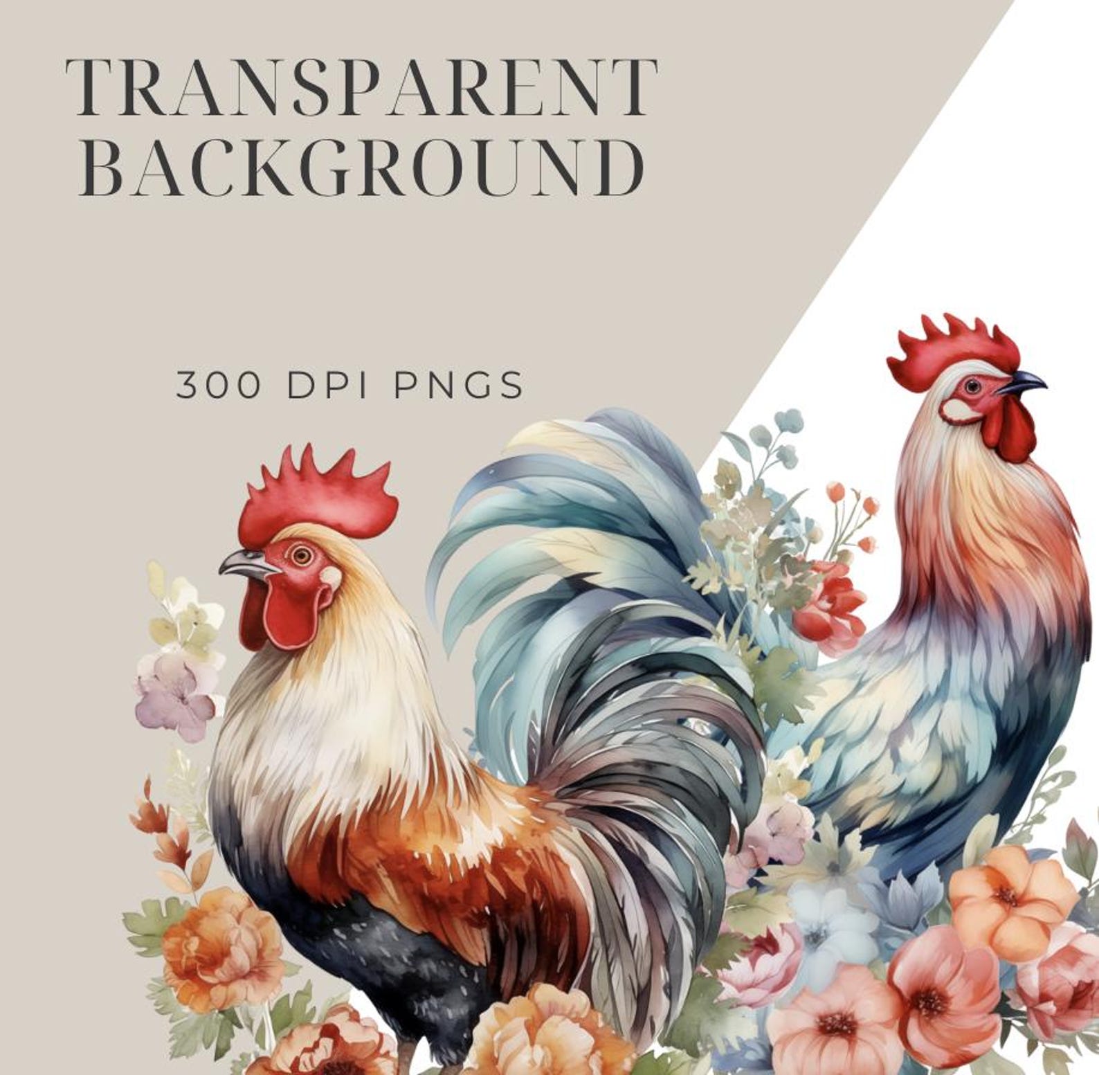 Watercolor Floral Chicken Clipart: Farm Animal PNG (commercial Use) - Etsy