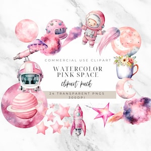 Clipart numérique espace rose - planètes et étoiles - parfait pour les projets artistiques pour enfants - téléchargement immédiat - Clipart fusée spatiale rose - transparent