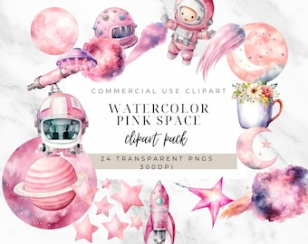 Pink Space Clipart: Aquarell Planeten & Sterne (Digitaler Download)