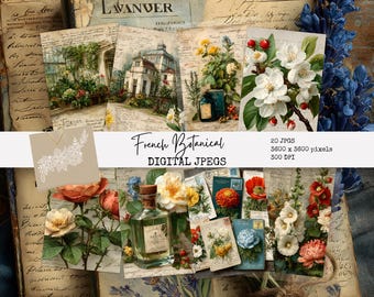 Französisches botanisches digitales Bündel JPGS | 20 Vintage florale Hintergründe | 30x30 Scrapbook Papier | Junk Journal Papier | Sofort Download