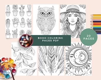 Boho Coloriages pour adultes, livre de coloriage imprimable pleine conscience, téléchargement numérique, art-thérapie relaxante