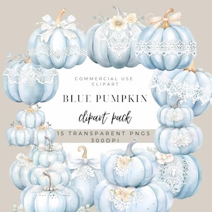 Niebieski akwarelowy dyniowy clipart - Pastelowy Halloween - Pobieranie cyfrowe - Chłopiec Baby Shower Clipart | Pastelowy niebieski koronkowy dyniowy przezroczysty PNG