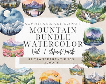 Clipart di paesaggi montani: set di PNG acquerellati (41 pezzi) (download digitale)