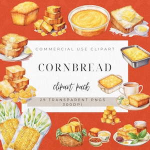 Puede incluir: Un paquete de clipart de acuarela de 29 PNG transparentes que presenta varias ilustraciones de pan de maíz, incluyendo un pan, cuadrados y un tazón de masa de pan de maíz. El texto "CORNBREAD clipart pack 29 TRANSPARENT PNGS 300DPI" se muestra en un fondo rojo.