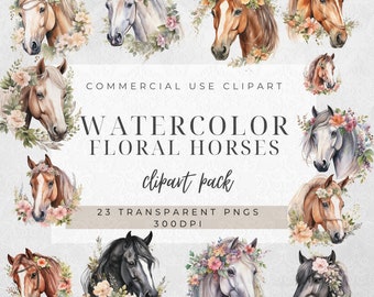 Floral Horses Watercolor Clipart: 23 PNGs for Commercial Use