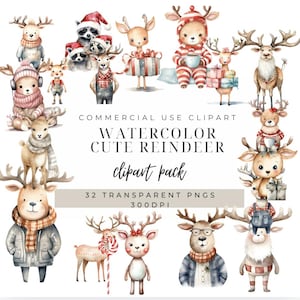 Reindeer Clipart - Cute Christmas PNG - Watercolor Reindeer Graphics - Digital Download for Crafts - Cute Reindeer Transparent PNGs