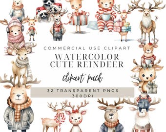 Watercolor Reindeer Clipart: 32 Christmas PNG Images (Digital Download)