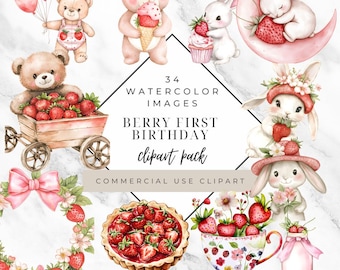 Beere Erster Geburtstag Clipart Bundle | 34 Transparente PNG-Bilder