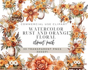 Rust Floral Clipart: Watercolor Autumn Flowers (Digital Download)
