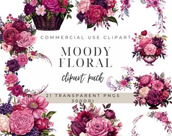 Moody Purple Floral Clipart: Gothic Flower Bouquet PNG (Commercial Use)