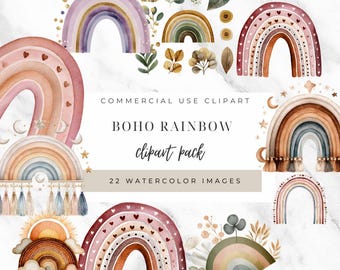 Watercolor Boho Rainbow Clipart Set: Nursery Art, Baby Shower Decor (PNG Images, Digital Download)