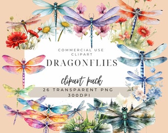 Watercolor Dragonfly Clipart: 26 PNG Images, Commercial Use
