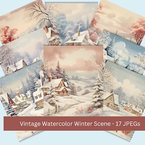 Vintage Watercolor Winter Scenes: 17 JPEG Clipart (Commercial Use)