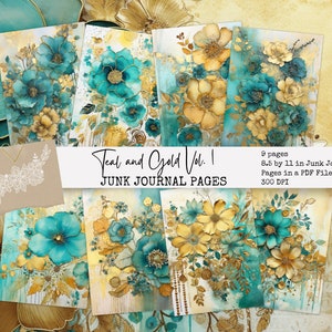 9 Teal and Gold Flowers Junk Journal Pages Vol. 1 | Digital Download | Printable Alcohol Ink Flowers | Journal Paper | Vintage Ephemera