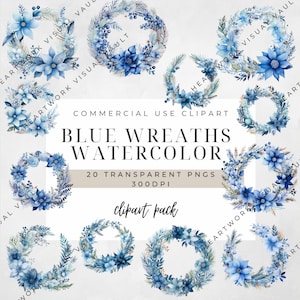 Blue Floral Wreaths Clipart: Holiday PNG Set (Digital Download)