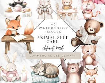 Aquarell-Clipart-Bundle mit Tiermotiven zur Selbstfürsorge (PNG, kommerzielle Nutzung)