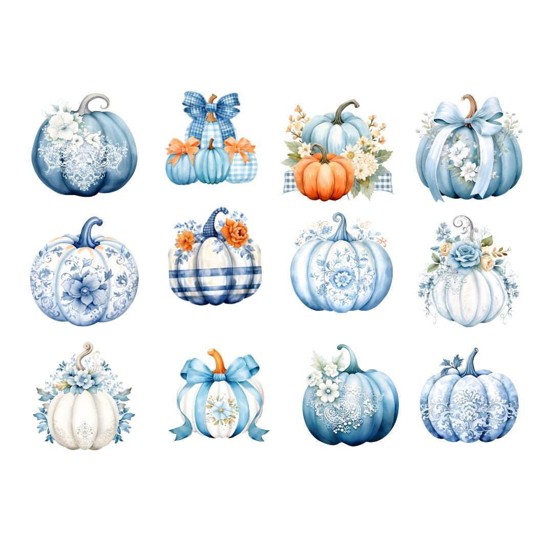 Blue & White Pumpkin Clipart: Watercolor Fall Decor (digital Download ...