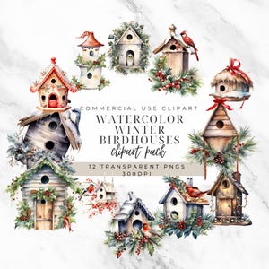 Birdhouse in Snowy Winter Clipart - Watercolor Graphics for Journaling - Scrapbook Supply - Digital Download - Winter Birdhouse PNGs