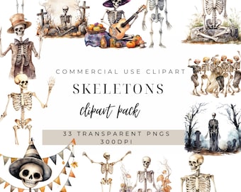 May include: A collection of watercolour skeleton clip art images. The images include skeletons in various poses, some with hats and musical instruments, and the text "Skeletons clipart pack". The pack includes 33 transparent PNGs.