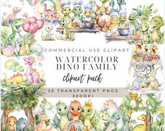 Watercolor Dinosaur Clipart Bundle – Dino Family PNG, Commercial Use (Digital Download)