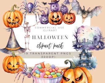 Watercolor Halloween Clipart: Pumpkins, Haunted House, Pastel Cat (PNG Digital File)