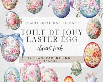 May include: A set of 17 digital clipart images of watercolor painted Easter eggs. The eggs are decorated with floral patterns in shades of pink, blue, yellow, and green. The text "Toile de Jouy Easter Egg clipart pack" is included in the image.