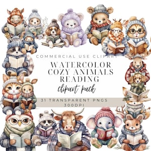 Watercolor Winter Animals Reading Clipart: Cozy Book Lover PNG (Digital Download)