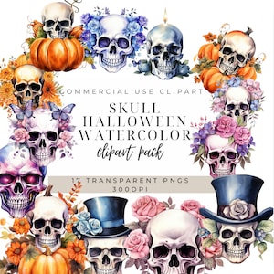 Floral Halloween Skull Clipart: Vintage Scary PNG Images (Digital Download)