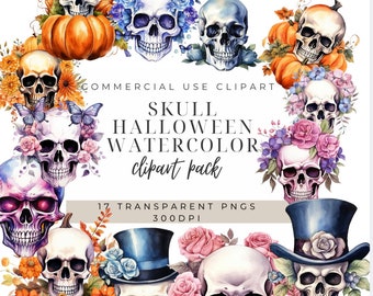 Floral Halloween Skull Clipart: Vintage Scary PNG Images (Digital Download)