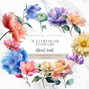 32 Watercolor Flowers Clipart – Pastel Floral Set with Commercial Use | Transparent PNG, Botanical PNG, Crafting, Floral Art, DIY Projects