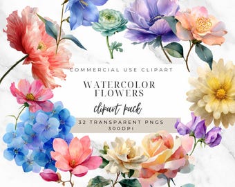 Watercolor Pastel Flowers Clipart: Transparent PNG, Commercial Use (Digital Download)