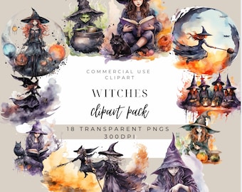 Watercolor Witch Clipart: Halloween PNG Images, Commercial Use