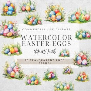 16 huevos de Pascua en la hierba (imágenes digitales, uso comercial, flores, huevos de Pascua coloridos)