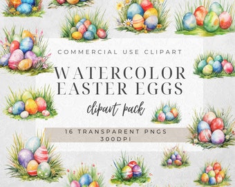 Watercolor Easter Eggs Clipart: Floral Grass PNG Images (Commercial Use)