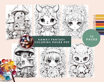 May include: A set of 10 black and white coloring pages featuring kawaii fantasy characters and scenes. The pages include a mushroom house, a girl with flowers in her hair, a creature with horns, and a girl with a crown. The text "Kawaii Fantasy Coloring Pages PDF" is displayed on the image.