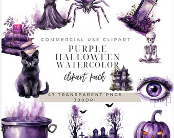 Purple Halloween Clipart: Watercolor Witch, Ghost, Spellbook (PNGs)