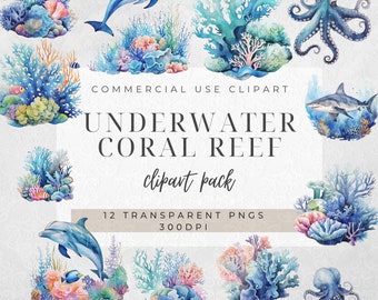 Blue Coral Reef Watercolor Clipart: Ocean Animals (Commercial Use)
