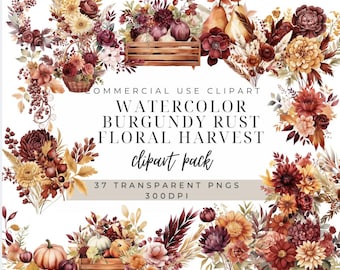 Burgundy Rust Floral Clipart: Watercolor Fall Flowers (PNG, 300 DPI)