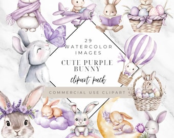 29 Aquarell lila Häschen Clipart - Pastell PNG Bundle (digitaler Download)