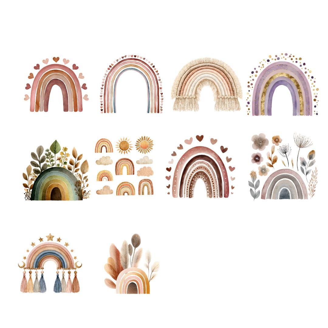 Watercolor Boho Rainbow Clipart Set: Nursery Art, Baby Shower Decor ...