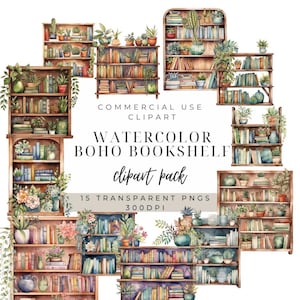 Watercolor Boho Bookshelf Clipart: 15 PNG Bundle (Digital Download)