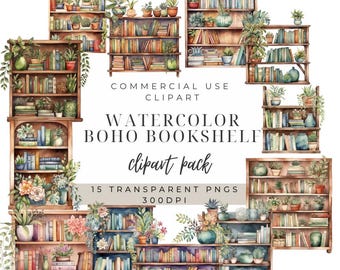 Watercolor Boho Bookshelf Clipart: 15 PNG Bundle (Digital Download)