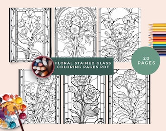 May include: A set of 20 printable coloring pages featuring floral stained glass designs. The pages are black and white and feature intricate details of flowers and leaves.