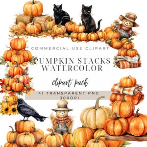 May include: Watercolor clipart pack of pumpkins stacked in various arrangements, including a pile with a plaid blanket, a scarecrow, and black cats. The text "Pumpkin Stacks Watercolor clipart pack 41 Transparent PNG 300DPI" is included in the image.