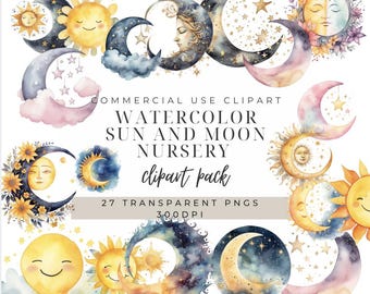 Aquarell Sonne und Mond Clipart: Celestial Kinderzimmer Dekor (PNG Instant Download)