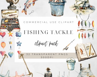 Watercolor Fishing Clipart Set: 32 PNG Graphics (Digital Download)
