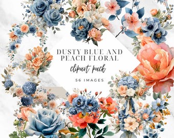 Dusty Blau und Pfirsich Blumen Clipart, Aquarell Blumenarrangements, Hochzeitsdeko