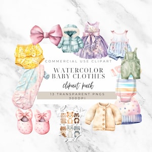 13 PNGs Baby Clothes Clipart - Watercolor Baby Shower - Nursery Decor - Cute Baby Fashion - Baby Clipart