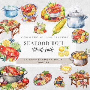 May include: A watercolour illustration set of 29 transparent PNGs depicting a seafood boil. The set includes various seafood, vegetables, spices, and cooking pots. The illustration is labelled "Seafood Boil clipart pack 29 Transparent PNGs 300DPI".
