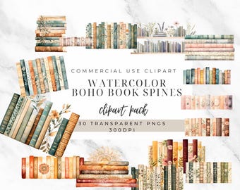 Boho Book Spine Clipart: Watercolor PNGs (30 Transparent Images)